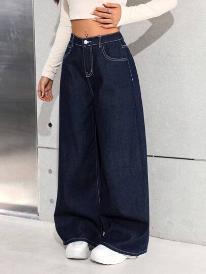 SHEIN 少女宽松阔腿深蓝色牛仔裤