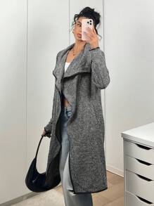 SHEIN EZwear 女士休闲灰色人字纹常规夹克，秋冬 - 深灰色 - 查看 6