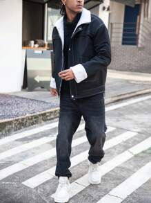 Manfinity Homme Men's Winter Loose Fit Thermal Lined Cargo Jacket With Pockets - Black - View 6