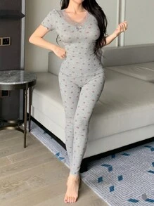 DAZY Lace Patchwork Floral All-Over Print Ruffle Hem Short Sleeve Pajama Set - Grey - View 8