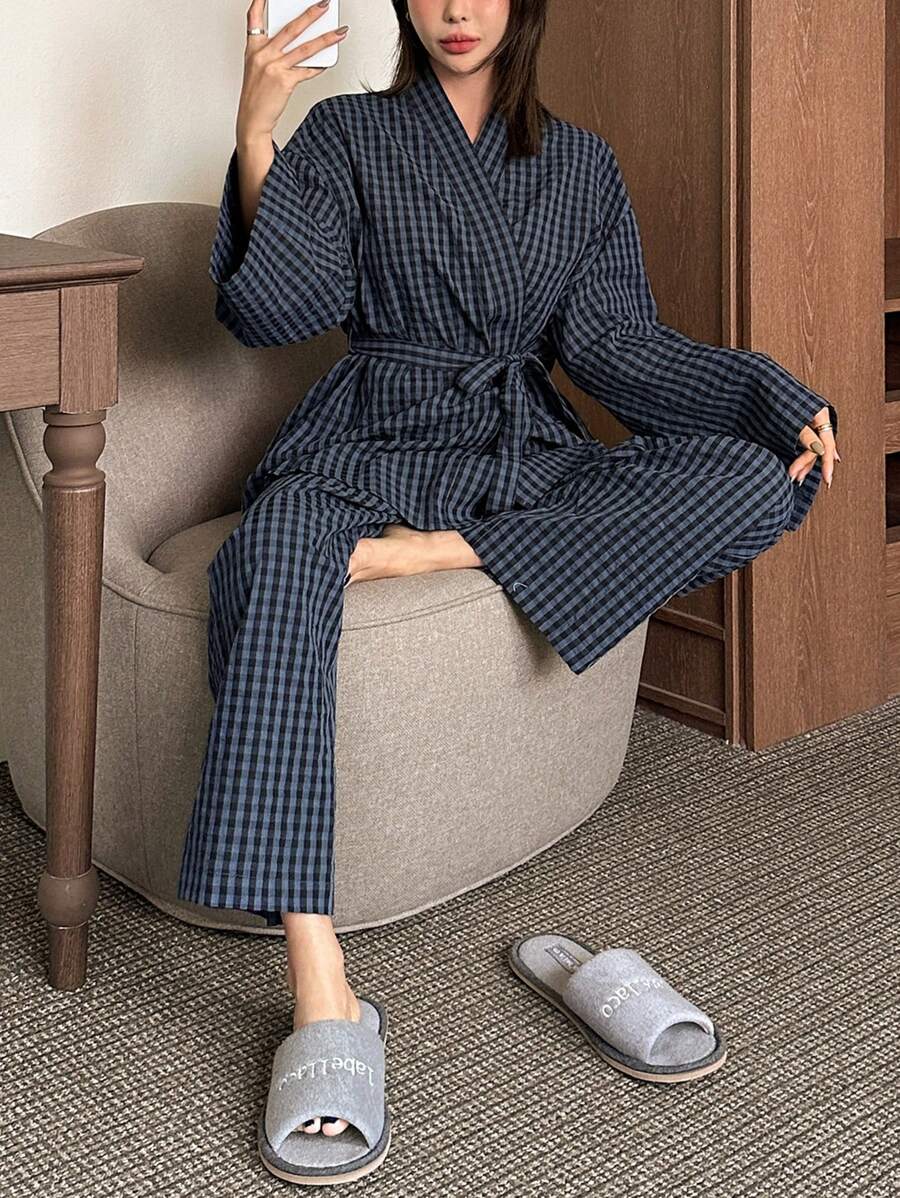 DAZY 女士休闲格子印花长袖睡衣套装，秋冬服装 - 藏蓝色 - 查看 1