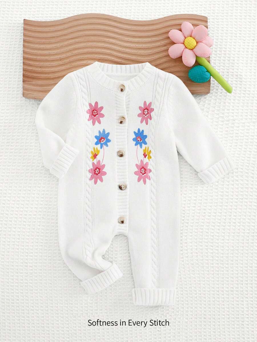 Cozy Pixies Newborn Baby Boy Floral Print Knit Soft Long Sleeve Jumpsuit, Suitable For Autumn & Winter - Apricot - View 1