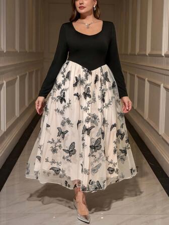 SHEIN Privé 1 件大码拼色蝴蝶网布拼接 A 字长袖甜心领连衣裙