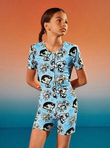 THE POWERPUFF GIRLS X SHEIN Tween Girl Cartoon Character Heart Random Print Button Front Homewear Pajama Romper - Blue - View 7