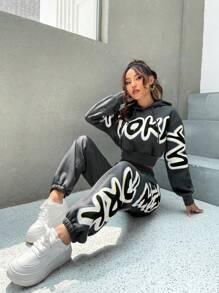 SHEIN Unity Letter Graphic Drop Shoulder Hoodie & Joggers - Dark Grey - View 1