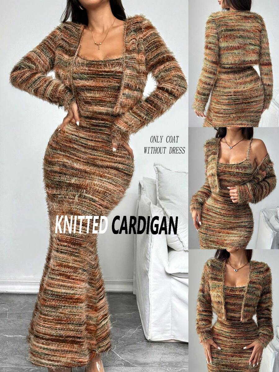 RosyDaze Retro Fluffy Creative Burgundy Sexy Knit Cardigan Crop Top, Autumn/Winter Fall Cloth For Women - Brown - View 1