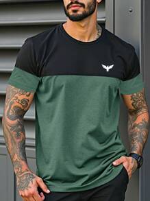 Manfinity Homme Camiseta De Talla Grande Para Hombres Con Estampado De Gaviota Y Bloque De Color - Verde Oscuro - Ver 1