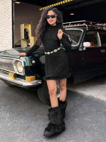 SHEIN Vestido negro elegante y casual con cuello alto de lentejuelas, dobladillo con borde de piel, silueta ajustada, adecuado para fiesta y uso diario, otoño, para niñas y adolescentes