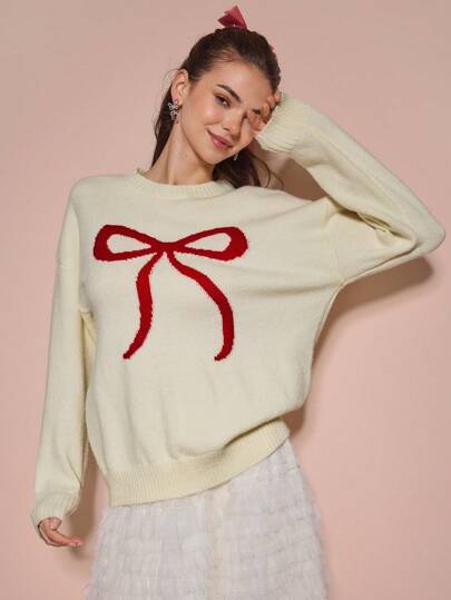 Enchnt Autumn Sweater, Romantic Round Neck Bow Pattern, Loose And Fashionable, Oversized Comfortable Sweater, Autumn And Winter Sweater, Christmas & Thanksgiving Sweater,Long Sleeve Tops