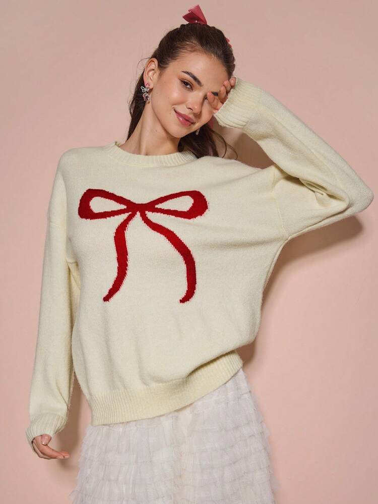 Suéter de otoño, cuello redondo con patrón de moño romántico, holgado y de moda, suéter cómodo oversize, suéter de otoño e invierno, suéter de Navidad y Acción de Gracias, blusón de manga larga