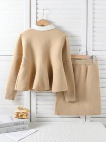SHEIN Conjunto elegante de suéter con volantes y minifalda, conjunto de 2 piezas tejido para niña adolescente, color amarillo, para otoño/invierno