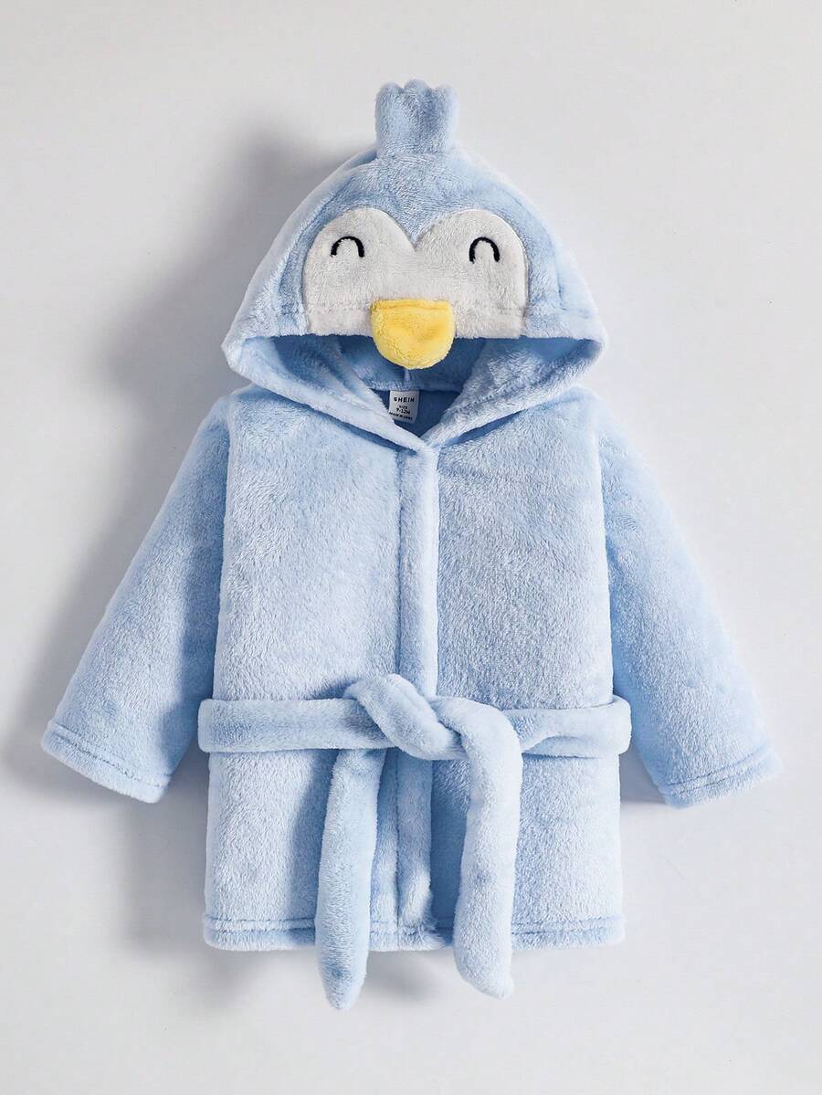 SHEIN 男婴可爱企鹅刺绣保暖羊毛连帽浴袍，厚实舒适，秋冬 - 藍色 - 查看 1
