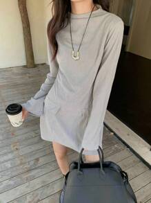 INAWLY Đầm mini cổ đứng tay dài thường ngày cho nữ, mùa thu - Xám - Xem 3