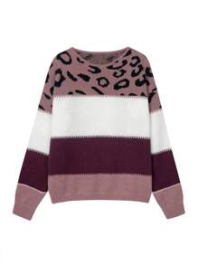 Women's Oversized Cute Colorblock Leopard Print Sweater, Casual Comfortable Ribbed Knit Crew Neck Pullover Long Sleeve Sweater Top, Anchor Red - Multicolor - View 2