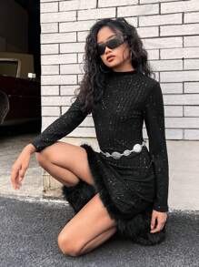 SHEIN Vestido negro elegante y casual con cuello alto de lentejuelas, dobladillo con borde de piel, silueta ajustada, adecuado para fiesta y uso diario, otoño, para niñas y adolescentes