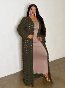 Slaydiva 大码女士休闲时尚舒适镂空开衫夹克，适合冬季和秋季 - 軍綠色 - 查看 4