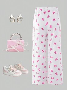 SHEIN Tween Girls Cute Bow Graphic Print Wide Leg Sweatpants, Loose & Fashionable Casual Style