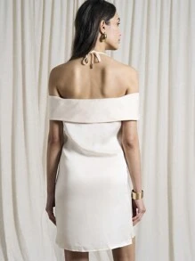 AiiRZ Off Shoulder Mini Halter Dress Evening Party Wedding Guest Special Occasion Satin Flare Empire Waist Elegant Modern Sleeveless Bardot - Apricot - View 2