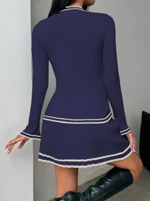 SHEIN Unity 2 件女式撞色饰边百褶裙和毛衣套装 - 彩色 - 查看 2
