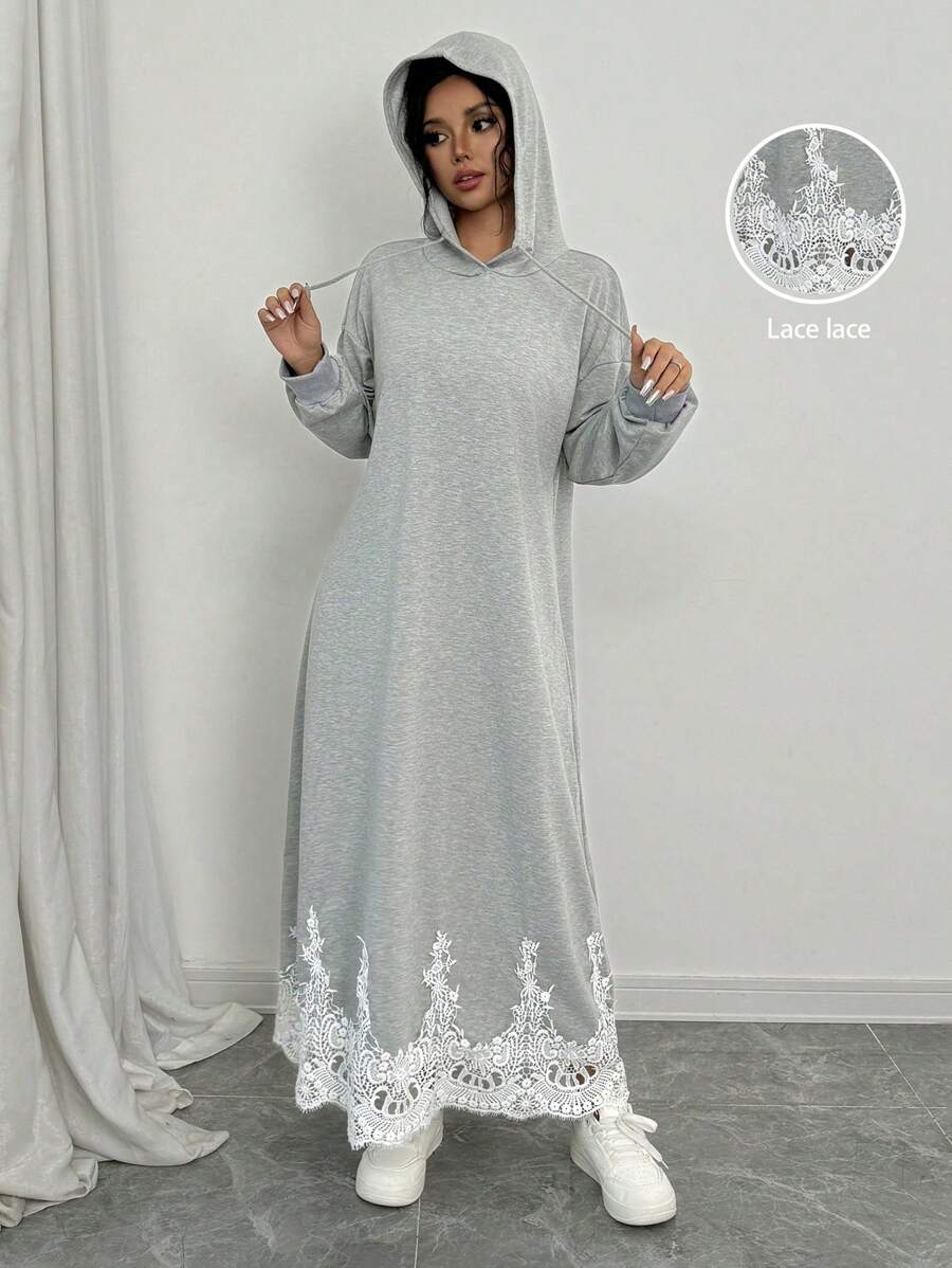 Chiquease Đầm nỉ trùm đầu ren dài tay màu tương phản thu đông cho nữ - Xám - Xem 1