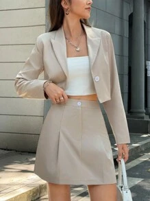 INAWLY 2pcs Women Casual Solid Peak Collar Cropped Blazer Jacket & Fold Pleated Mini Skirt Set Fall Cloth For Women - Khaki - View 5