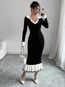 Gloray Vestido de punto casual sencillo con cuello en V de manga larga y empalme de unicolor para mujer