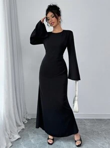 Chiquease 1 件女式缎面优雅长款褶皱腰系带圆领中长连衣裙，秋季长款女装 - 黑色 - 查看 7