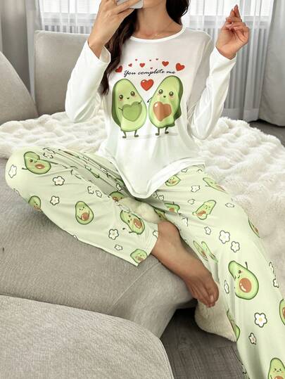 Conjunto de pijama de manga larga con estampado de aguacate para mujer, ropa de otoño e invierno cómoda y elegante