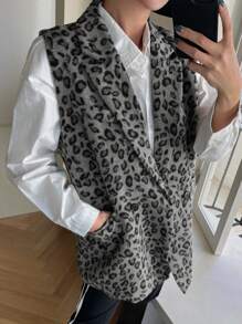 DAZY Áo sơ mi polo không tay cài nút phía trước cho nữ, họa tiết da báo tối giản - Xám - Xem 1