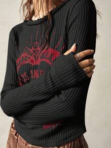 Bohemela 度假合身纯色针织圆领长袖常规正面中心印花女式 T 恤