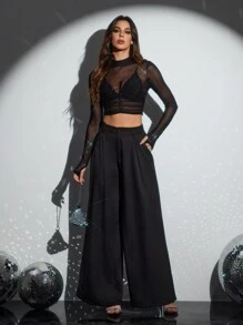 Daniela Ricciardelli 设计师水钻装饰立领短款上衣，适合派对、节日、度假、春季、外出、节庆、伊比沙岛 - 黑色 - 查看 4