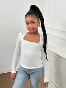 SHEIN 2 件 Tween 女童休闲复古花卉装饰圆领修身罗纹针织 T 恤，黑色和白色 - 黑與白 - 查看 8