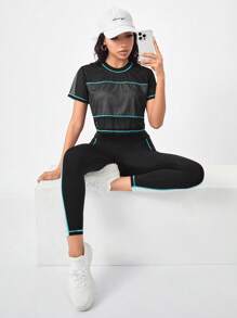 SHEIN Running Ensemble de survêtement décontracté, tenue de sport pour femmes avec Top à manches courtes col rond simple et pantalon - Multicolore - Voir 5