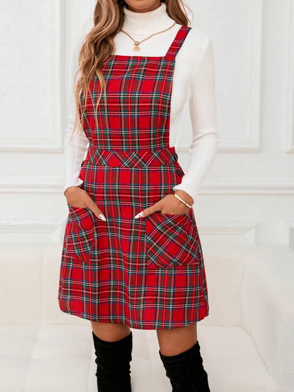 SHEIN LUNE Christmas Retro Red Plaid A-Line Mini Dress With Pockets & Suspenders, Casual And Elegant Wear For Autumn/Winter Holidays