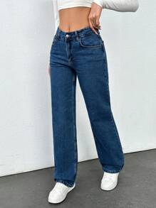 EURMUSE 100% Baumwolle TIEJTAILLIGE WEITE BEIN HOSE FRAUEN JEANS - Dunkle Waschung - Übersicht 3