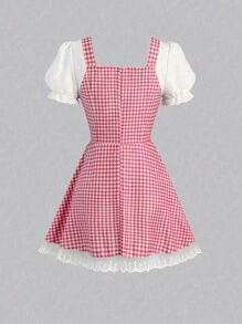 SHEIN LUNE 格纹印花方领撞色优雅短袖连衣裙酒红色女装 - 酒紅色 - 查看 2