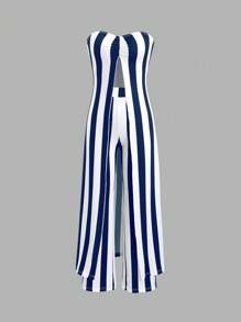 Flirla Women Stripe Ruched Bandeau Crop Top And Pants Set (Random Cut)