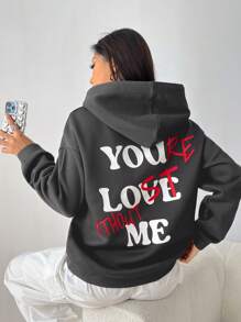 Muchica Áo hoodie hở vai họa tiết khẩu hiệu mùa xuân - Màu xám đen - Xem 1