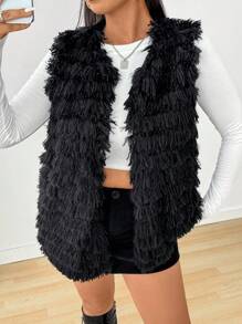 SHEIN EZwear Plus Size Women Fluffy Coat, Black Furry Jacket For Fall