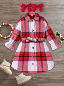 SHEIN Young Girls' Plaid Oversized Drop Shoulder Mid-Length Coat With Belt, Warm And Long Sleeve, Great For Casual & Daily Wear & School Daily In Autumn & Winter, For Christmas, Party Wear, Fashion Girls - Multicolor - View 2