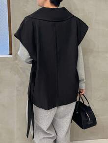 FRIFUL 女士纯色立领双排扣无袖休闲常规外套，秋季 - 黑色 - 查看 5