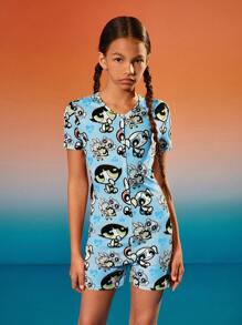 THE POWERPUFF GIRLS X SHEIN Tween Girl Cartoon Character Heart Random Print Button Front Homewear Pajama Romper - Blue - View 5