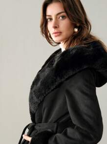 Anewsta Women's Thick Fluffy Trim Fluffy Fuzzy Banded Waist Jacket - Black - View 8