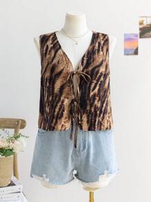 Soleia Plus Size Women Casual Sleeveless Floral & Zebra Print Button Front Babydoll Tank Top, Suitable For Fall, Vacation, Back To School, Halloween, Christmas