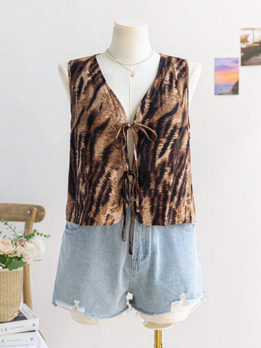 Soleia Plus Size Women Casual Sleeveless Floral & Zebra Print Button Front Babydoll Tank Top, Suitable For Fall, Vacation, Back To School, Halloween, Christmas