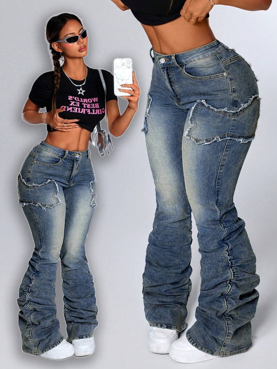 SHEIN ICON Quần Jeans Ống Rộng Xếp Ly Túi Rách Thường Ngày Cho Nữ - Rửa tối - Xem 1