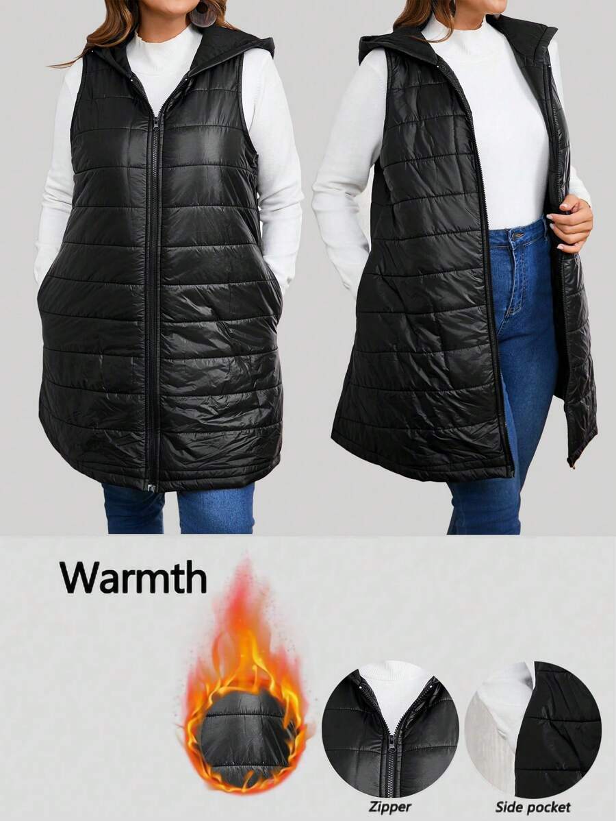 SHEIN LUNE Plus Size Solid Color Front Zipper Sleeveless Minimalist Hooded Casual Padded Padded Coat Clothes Winter - Black - View 1