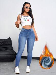 SHEIN Essnce Pantalones vaqueros delgados casuales de mujer con forro térmico y bolsillos, denim grueso y calentito