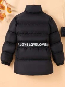 Tween-Mädchen Lässiger, schwarzer, wattierter Mantel mit Revers und weiter Taille