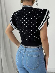 Chiquease Elegant Polka Dot Ruffle Hem Sleeveless Short Knitted Sweater Vest For Women